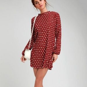 COPY - Lulu’s Pleat To Meet You Wine Red Polka Dot Long Sleeve Shift Dress Small